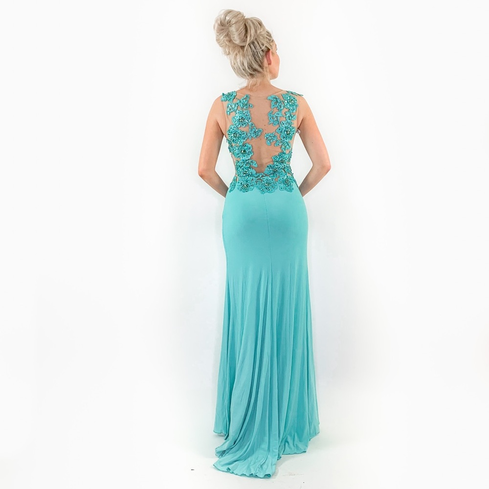 Fitted Illusion Blue Lace Prom Pageant Dress - Picture 7 of 8